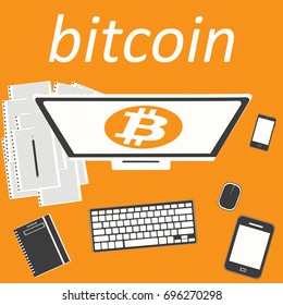 Desktop workspace with devices. Bitcoin for web design