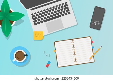 Desktop workspace. Top view of modern workplace. Office supplies, laptop, phone, coffee, plant. Template background.