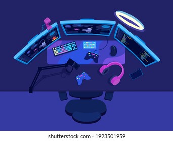 The desktop workspace of a video game streamer, gamer. Broadcast equipment. PC gaming flat lay. Three displays, condenser microphone, gamepad, headphones. A vector cartoon illustration.