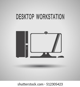 Desktop workstation gray silhouette vector icon with shadow on the gradient gray background.