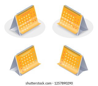 The desktop yellow paper calendar. Flat isometric illustration of business and education workplace accessory. Office, school stationery and supplies vector concept icons isolated on white background