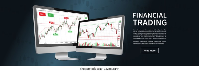 Desktop-PCs mit Devisen-Vektorillustration-Banner. Finanzdiagramm für kreatives Online-Handel-Konzept. Bannerkonzept für Finanzbörsen