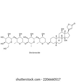 Deslanosid-Molekül flache skelettale Struktur, Digitalis Glykoside zur Anwendung bei Herzdysrythmie Vektorgrafik auf weißem Hintergrund.