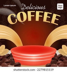 Deslicous Coffee, 3d vector podium background with coffee bean ornament. Can be used for product background