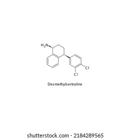 Desmethylsertraline Molecule Flat Skeletal Structure, SNDRI - Serotonin Norepinephrine Dopamine Reuptake Inhibitor. Vector Illustration On White Background.