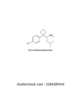 Desmethylsibutramine Molecule Flat Skeletal Structure, SNDRI - Serotonin Norepinephrine Dopamine Reuptake Inhibitor. Vector Illustration On White Background.