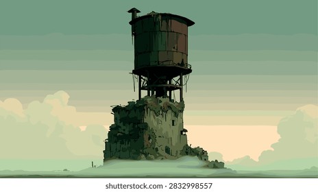 Desolate Abandoned Water Tower on Overgrown Ruins