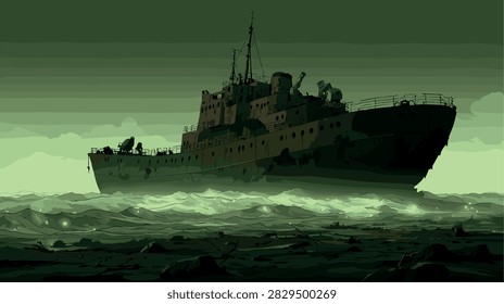 Desolate Derelict Ship in a Gloomy Green Ocean