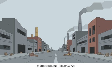 Desolate industrial city street flanked by abandoned factories and smoke stacks under a grey sky.