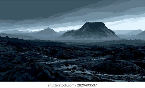 Desolate Mountain Landscape Vector Illustration with Moody Sky