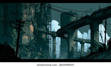 Desolate Post-Apocalyptic Urban Landscape with Overgrown Industrial Ruins and Elevated Highways