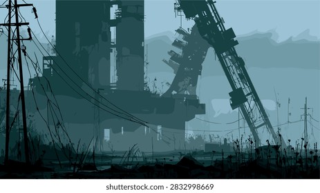 Desolate Post-Apocalyptic Urban Landscape with Ruined Buildings and Overgrown Nature