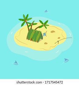 desolated island with shelter, refugee, surrounded by sharks