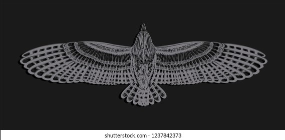 Desoration back of owl. Grey flying bird. Isolated illustration.