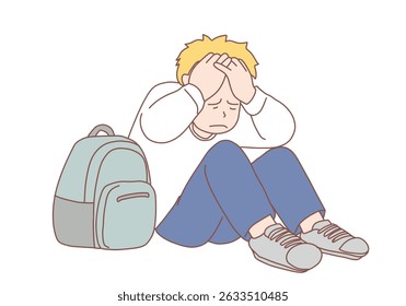 Despair, depression, mental stress, bullying concept. Young desperate frustrated depressed child schoolboy sitting crying. Negative emotions or bad news. Hand drawn style vector design illustrations.