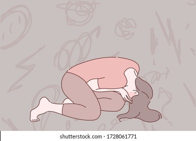 Despair, frustration, depression concept. Young depressed desperate woman or girl cartoon character sitting on floor covering face. Fatigue and raising of mental stress because bad news illustration.