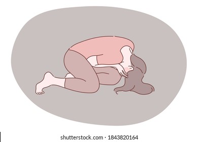 Despair, frustration, depression concept. Young depressed upset desperate woman cartoon character sitting on floor covering face crying. Domestic violence abuse and headache migraine illustration.