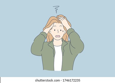 Despair, frustration, depression, mental stress concept. Stressed desperate frustrated young woman or girl covering head with hands. Negative emotions headache or migraine and bad news illustration.