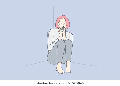 Despair, frustration, fear, mental stress concept. Young terrified scared girl or woman cartoon character sitting in corner and shaking from fear. Family violence problem or psychological phobia.