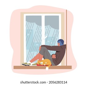 Despair, Frustration, Life Problems Concept. Young Depressed Upset Desperate Man Character Sit on Windowsill Look on Rain Outside. Depression, Stress, Melancholy Concept. Cartoon Vector Illustration