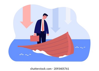 La desesperación, el estrés y el riesgo del hombre de negocios al hundirse en un barco roto. Problema financiero de la ilustración vectorial plana humana. Crisis, quiebra, concepto de accidente para banner, diseño de sitio web o página web de aterrizaje