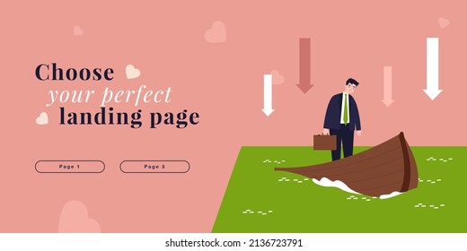 Despair, stress and risk of businessman in sinking broken boat. Financial problem of man flat vector illustration. Crisis, bankruptcy, accident concept for banner, website design or landing web page