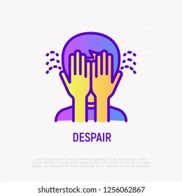 Despair thin line icon: man closed his face by hands. Modern vector illustration of negative emotion, depression, anxiety.