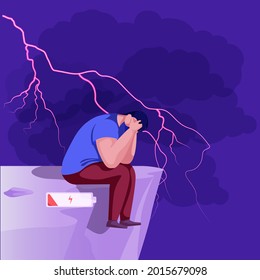 Despaired sad man sitting alone on edge of cliff. Exhausted and tired boy hiding head in his palms. Unhappy burnout male character with low battery. Cartoon vector illustration.