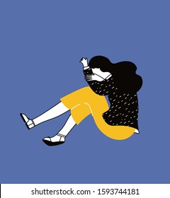 Despaired woman hug shes knee. Isolated character. Family problems, pressure at work. Psychological abuse. Flat lineart style vector illustration.