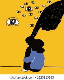 Despaired woman hug shes knee and feels psychological pressure. Isolated character. Family problems, pressure at work. Psychological abuse. Flat lineart style vector illustration.