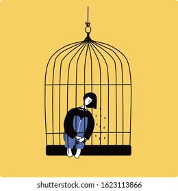 Despaired woman hug shes knee in a cage on a yellow background. Isolated character. Family problems, pressure at work. Psychological abuse. Flat lineart style vector illustration.