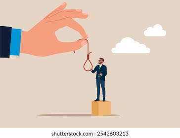 Empresario desesperado que considera suicidarse con una cuerda colgante. Riesgo de inversión o recesión económica. Ilustración vectorial plana moderna