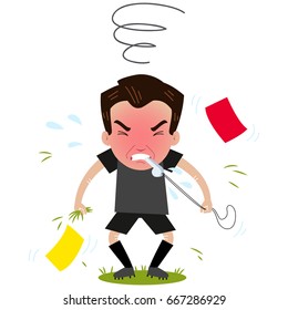 Desperate and angry cartoon referee turned red blowing whistle and raging with yellow and red cards and grass all around isolated on white background