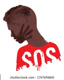 Desperate Black Man, Victim Of Violence And Racism. 
Illustration Of Stylized Young Man Grunge Silhouette With Hand Print On The Face And SOS Inscription. The Illustration Does Not Contain Real People