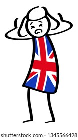 Desperate British stick figure woman wearing Union Jack shirt, isolated on white background