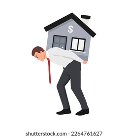 Desperate businessman carry a heavy home. Business concept. Flat vector illustration isolated on white background