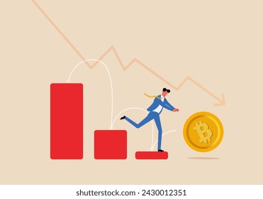 Empresario desesperado persiguiendo una criptomoneda que cae. Fracaso empresarial, recesión económica o pérdida de inversión o caída del mercado de valores, crisis o colapso, riesgo de inversión o fracaso 