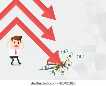 desperate businessman with red arrow graph falling crash floor