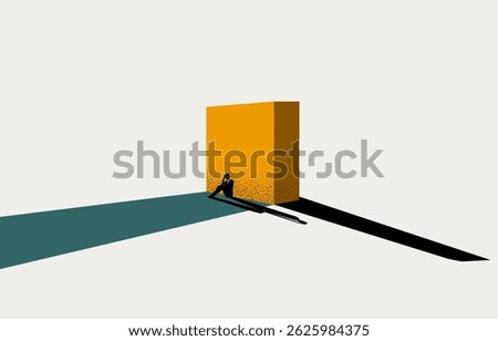 Desperate businessman sitting his back to wall blocking road, impasse in business, career despair concept, minimal business design.
