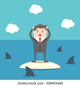 Desperate businessman standing on island in ocean among sharks. Risk, crisis and failure concept. Flat design. EPS 8 vector illustration, no transparency