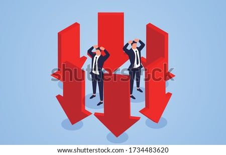 Desperate businessman surrounded by falling arrows