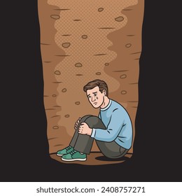 Hombre desesperado y deprimido en la parte inferior de la ilustración vectorial dibujada a mano del arte pop del pozo. La imitación al estilo de un libro de historietas.