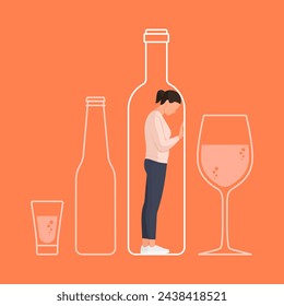 Desperate depressed woman trapped in a bottle: alcohol addiction concept