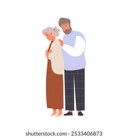 Desperate elderly man asking an offended wife about forgiveness. Unhappy senior with sorry face, feeling guilty. Couple or family relationships. Sorry concept. Flat vector isolated illustration.