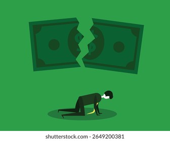 empregado desesperado. trabalhador deprimido por causa do trabalho. dinheiro caindo. design humano minimalista. design vetorial minimalista sobre negócios