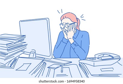 Desperate female office worker having computer problems, she is screaming and staring at the computer screen. Hand drawn in thin line style, vector illustrations.