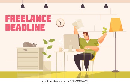 Desperate freelancer meeting tough deadline behind computer home with cat coffee extra hands flat comics vector illustration