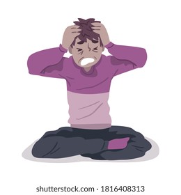 Desperate Guy Sitting on Floor with Crossed Legs Clutching his Head with Hands, Mental Health Problems, Psychological Disorder Concept Cartoon Style Vector Illustration