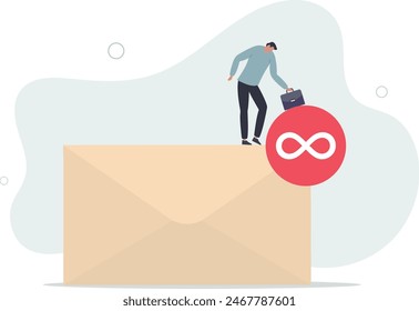 desperate hopelessness businessman with his inbox with infinity unread emails.flat vector illustration.