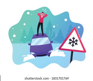 Desperate Male Character Stand on Roof of his Car Stuck in Deep Snowdrift on Snowy Landscape Background. Man Need Changing Summer Tires. Safety on Road, Winter Accident. Cartoon Vector Illustration